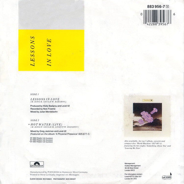 Level 42 : Lessons In Love (7", Single)