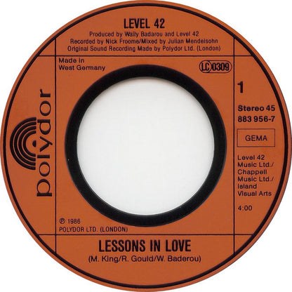 Level 42 : Lessons In Love (7", Single)