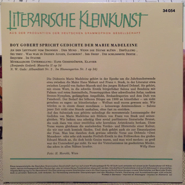 Boy Gobert : In Seligkeit Und Sünden - Boy Gobert Spricht Gedichte Der Marie Madeleine (7", EP)