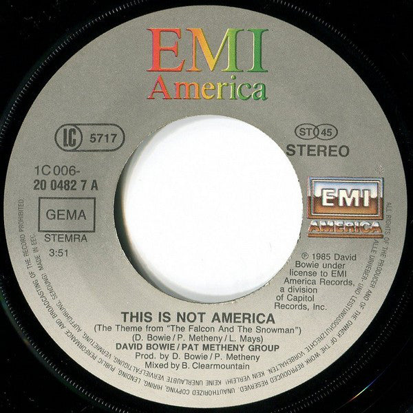 David Bowie / Pat Metheny Group : This Is Not America (Theme From The Motion Picture, The Falcon And The Snowman) (7", Single)