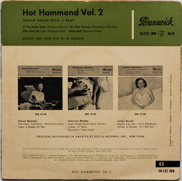 Lenny Dee (2) : Hot Hammond Vol. 2 (Organ Solos With A Beat) (7", EP)