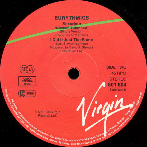 Eurythmics : Sexcrime (Nineteen Eighty · Four) (12", Single)