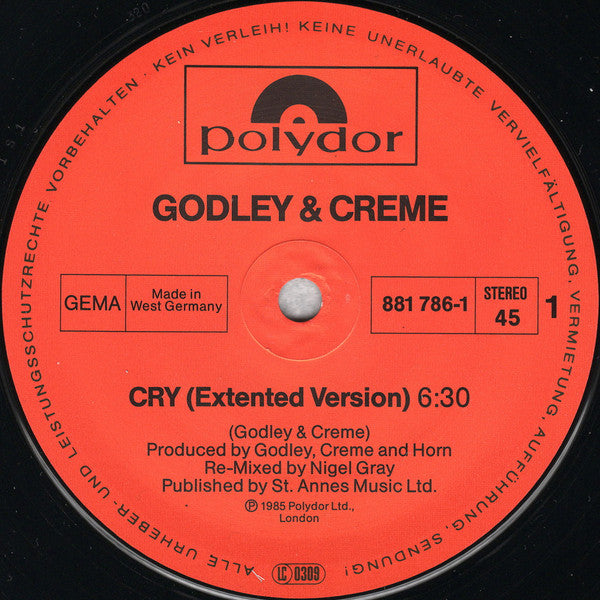 Godley & Creme : Cry (Extended Remix) (12", Maxi)