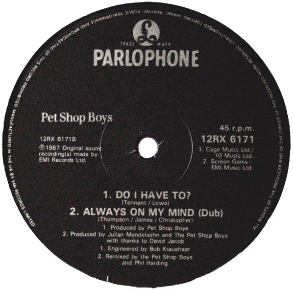 Pet Shop Boys : Always On My Mind (Remix) (12", Single)