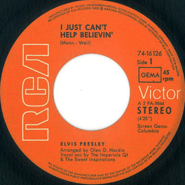Elvis* : I Just Can't Help Believin' (7", Single)