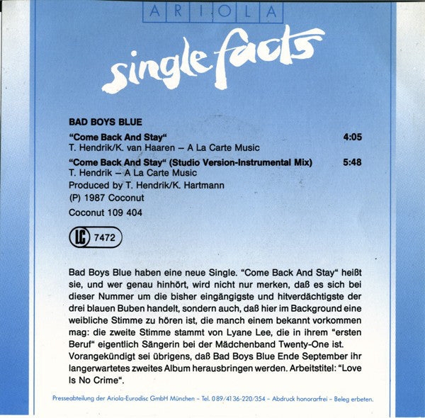 Bad Boys Blue : Come Back And Stay (7", Single)