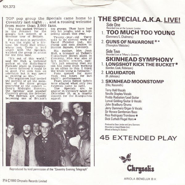 The Special A.K.A.* Featuring Rico* : Too Much Too Young (7", EP)