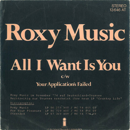 Roxy Music : All I Want Is You (7", Single)