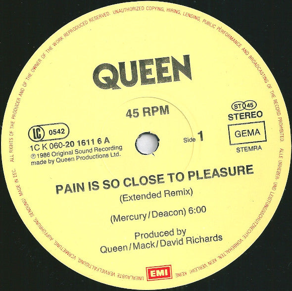 Queen : Pain Is So Close To Pleasure (Extended Remix) (12", Maxi)