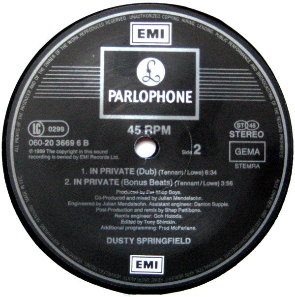 Dusty Springfield : In Private (Remix) (12", Single)