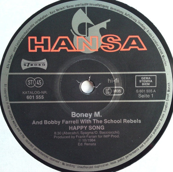 Boney M. And Bobby Farrell With The School-Rebels* : Happy Song (Clubmix) (12", Maxi, Bar)