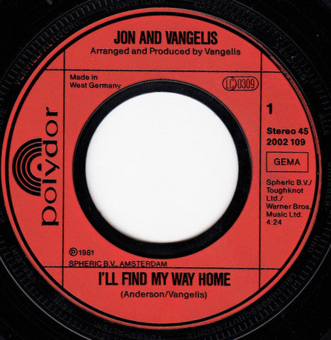Jon & Vangelis : I'll Find My Way Home (7", Single)
