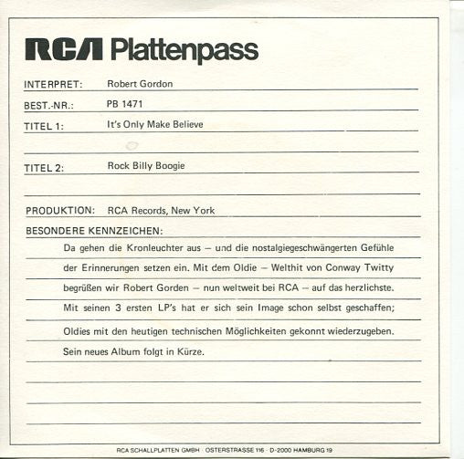 Robert Gordon (2) : It's Only Make Believe (7", Single)
