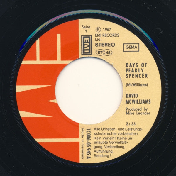 David McWilliams : The Days Of Pearly Spencer (7", Single, RE)