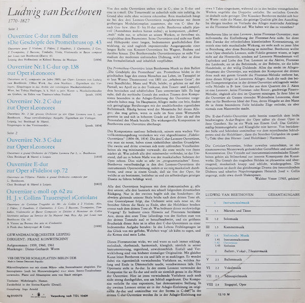 Ludwig van Beethoven, Gewandhausorchester Leipzig, Franz Konwitschny : Ouvertüren (Die Geschöpfe Des Prometheus Op. 43 / Leonore I Op. 138 / Leonore II / Leonore III / Fidelio Op. 72 / Coriolan Op. 62) (LP, RE, RP)