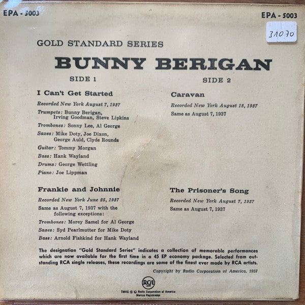 Bunny Berigan & His Orchestra : Bunny Berigan (7", EP, Comp)