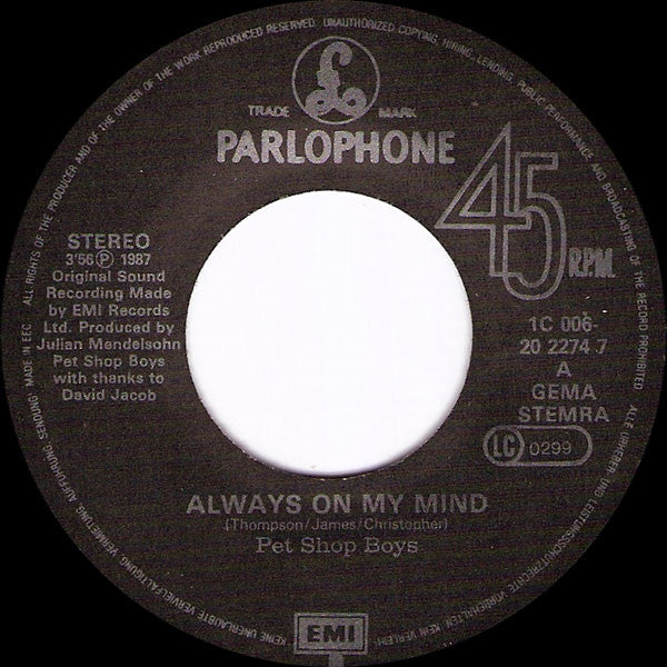 Pet Shop Boys : Always On My Mind (7", Single)