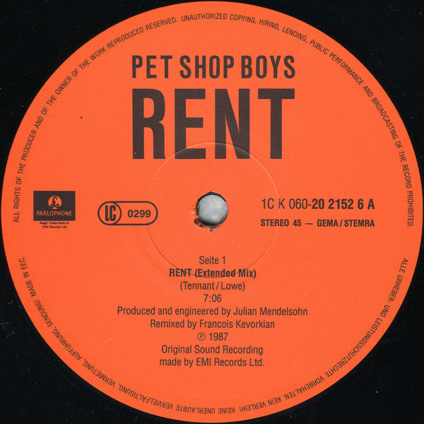 Pet Shop Boys : Rent (12", Maxi)