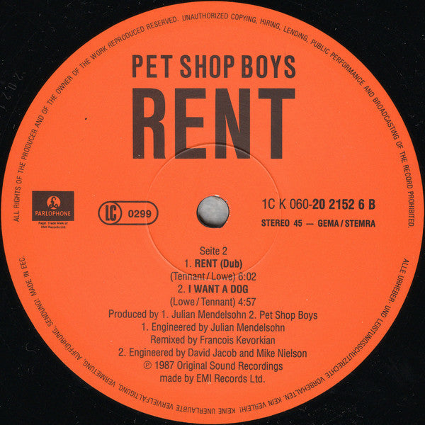 Pet Shop Boys : Rent (12", Maxi)