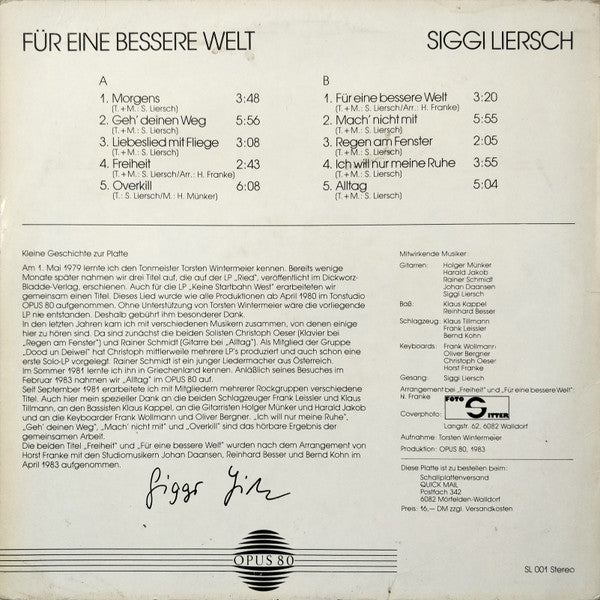 Siggi Liersch : Für Eine Bessere Welt (LP, Album)