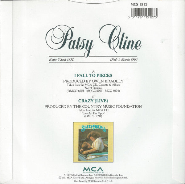 Patsy Cline : I Fall To Pieces (7", Single, Pap)