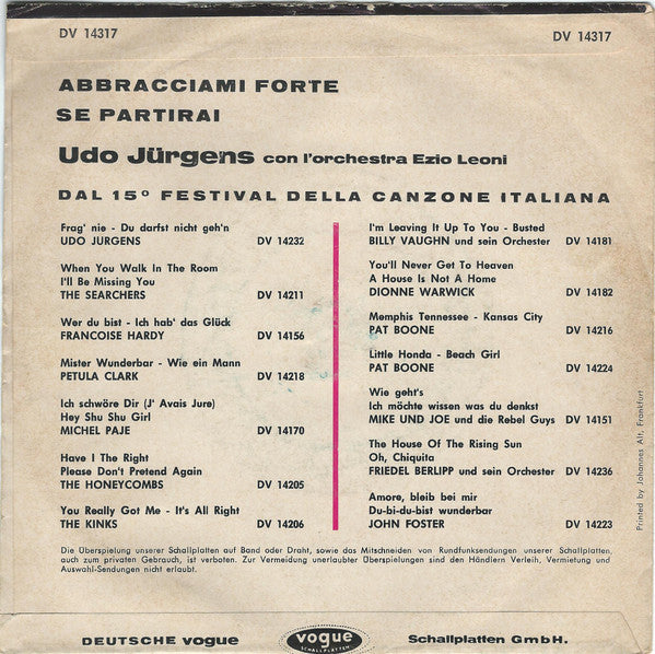 Udo Jürgens : Abbraciami Forte / Se Partirai (7", Single)