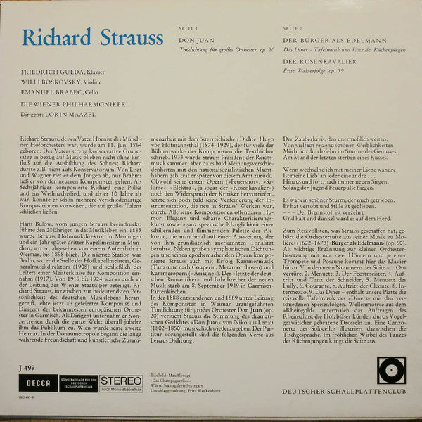 Richard Strauss, Die Wiener Philharmoniker*, Lorin Maazel, Friedrich Gulda : Don Juan, Tafelmusik Und Tanz Aus „Der Bürger Als Edelmann“, Walzerfolge Aus „Der Rosenkavalier“ (LP, Comp, Club)