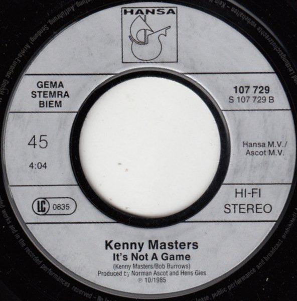 Kenny Masters : Time To Fly (Sing My Song) / It's Not A Game (7", Single)