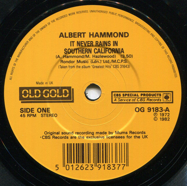 Albert Hammond : It Never Rains In Southern California (7", Single)