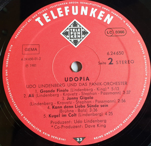 Udo Lindenberg & Panik Orchester* : Udopia (LP, Album, Club)