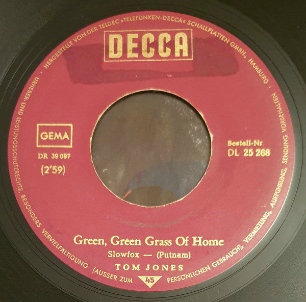 Tom Jones : Green, Green Grass Of Home  (7", Single)