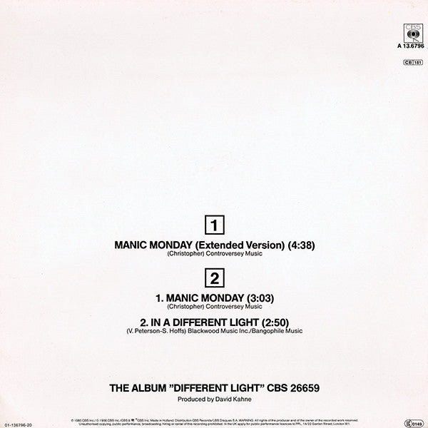 Bangles : Manic Monday (Extended Version) (12", Maxi)