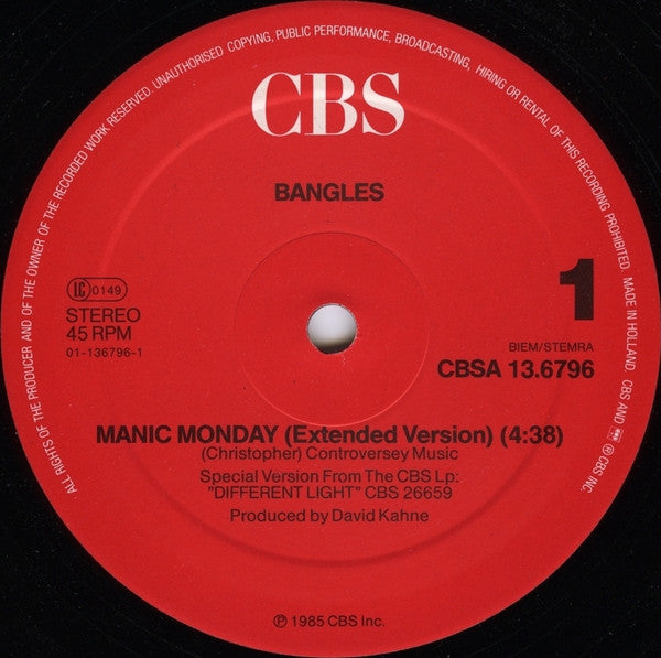 Bangles : Manic Monday (Extended Version) (12", Maxi)