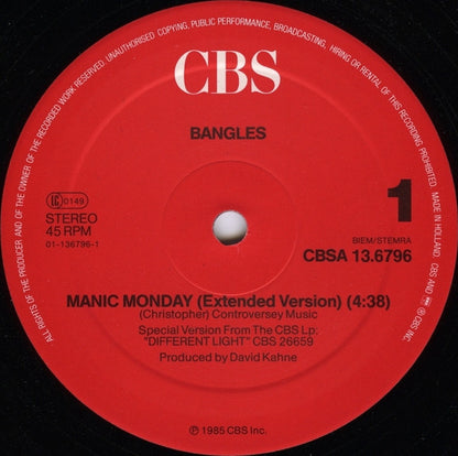 Bangles : Manic Monday (Extended Version) (12", Maxi)