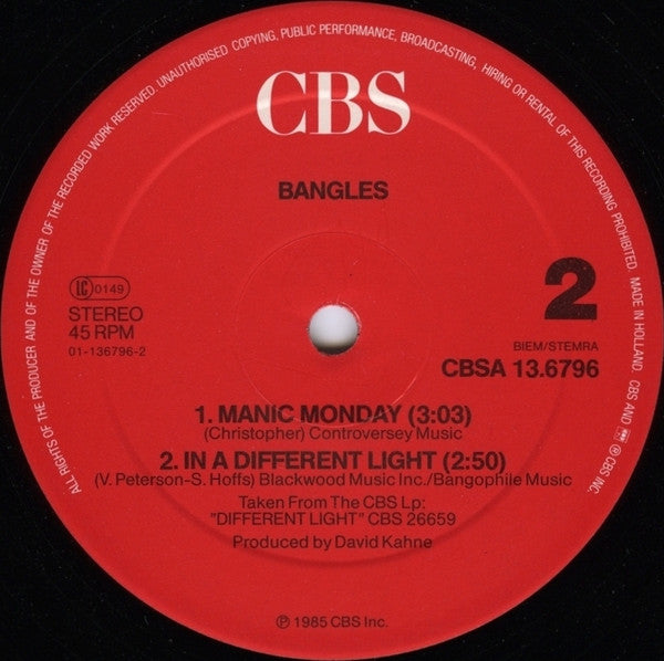 Bangles : Manic Monday (Extended Version) (12", Maxi)