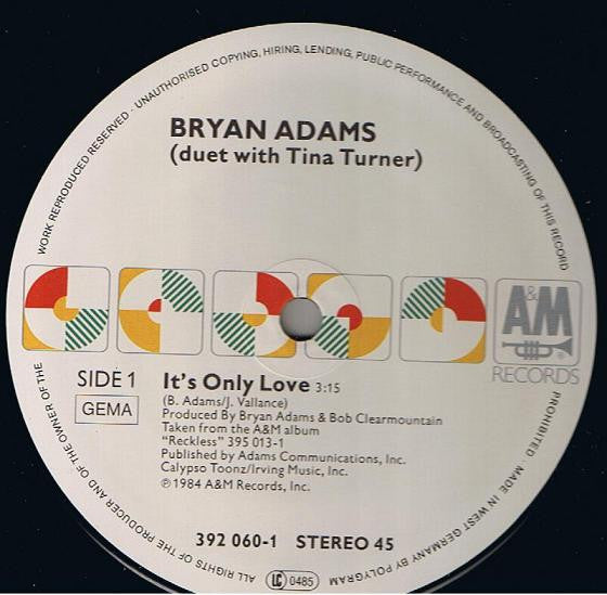 Bryan Adams With Tina Turner : It's Only Love (12", Maxi)