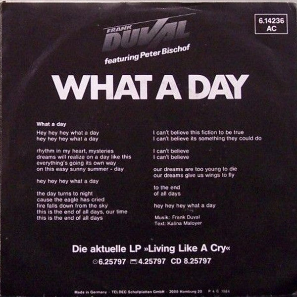 Frank Duval Featuring Peter Bischof : What A Day (7", Single)