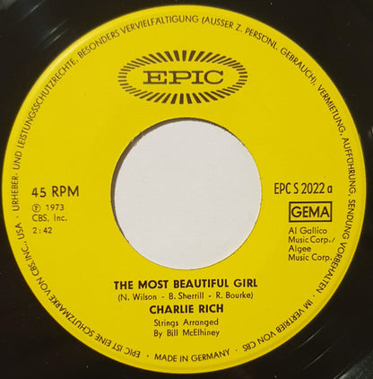 Charlie Rich : The Most Beautiful Girl (7", Single)
