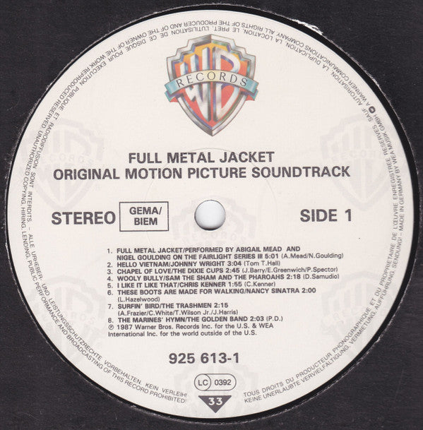 Various : Stanley Kubrick's Full Metal Jacket (Original Motion Picture Soundtrack) (LP, Comp)