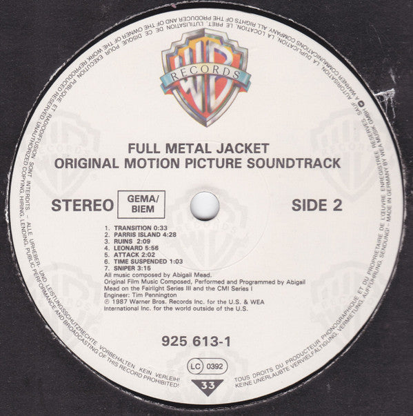 Various : Stanley Kubrick's Full Metal Jacket (Original Motion Picture Soundtrack) (LP, Comp)
