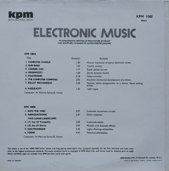 W. Merrick Farran* / E. Vetter* : Electronic Music (LP, Album, Mono)
