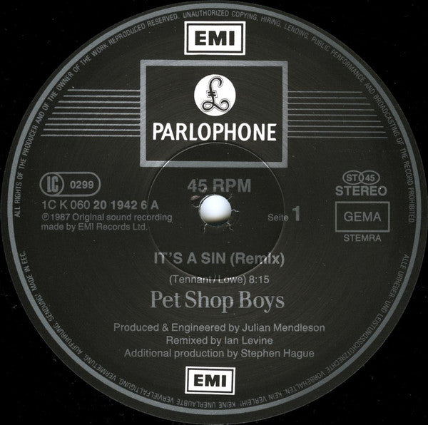 Pet Shop Boys : It's A Sin (Remix) (12", Maxi)