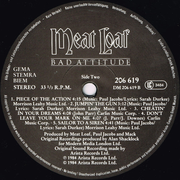 Meat Loaf : Bad Attitude (LP, Album)