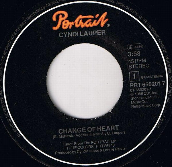 Cyndi Lauper : Change Of Heart (7", Single)