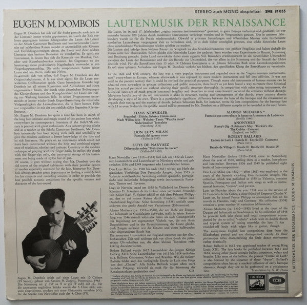 Eugen M. Dombois : Lautenmusik Der Renaissance (LP)