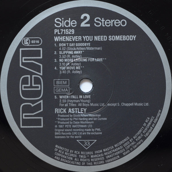 Rick Astley : Whenever You Need Somebody (LP, Album)