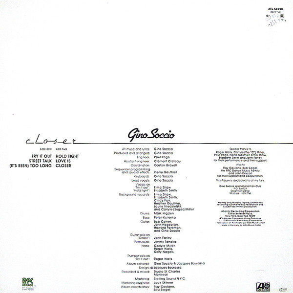 Gino Soccio : Closer (LP, Album)