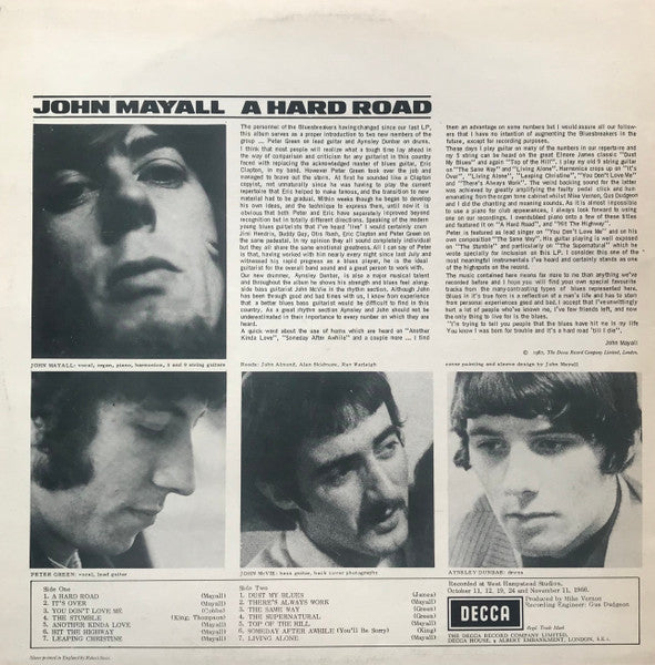 John Mayall And The Bluesbreakers* : A Hard Road (LP, Album, RE, Vio)