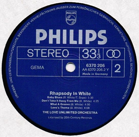 The Love Unlimited Orchestra* Arranged & Conducted By Barry White : Rhapsody In White (LP, Album)