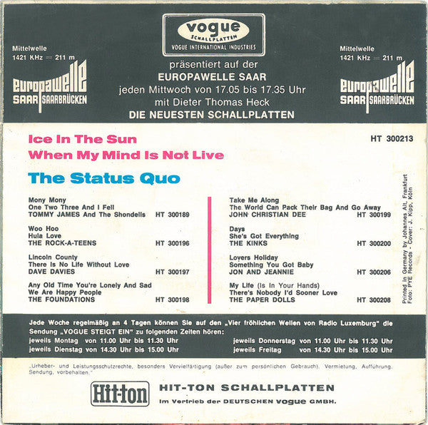 The Status Quo* : Ice In The Sun (7", Single)